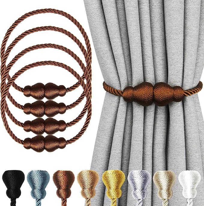 Nieffeiy Magnetic Curtain Tiebacks Outdoor Curtain Tie Backs Rope Decorative Magnetic Curtain Holders for Drapes Window Treatment Holdbacks, Coffee 4Pack
