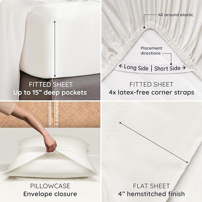 Bambaw 100% Viscose Derived from Bamboo Sheets Full Size Set – 4pcs Cooling Sheets Full Size, Perfect for Hot Sleepers, Luxury Sheets, Buttery Soft Bed Sheets, with Elastic Corner Straps (Ivory)