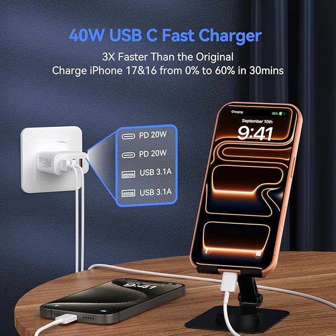 USB C Wall Fast Charger Block, 40W 4-Port Type C Chargers Fast Charging Blocks PD Power Charger Adapter+QC 3.0 USB Multiport Charger Brick for Phone 17/16/15/14/13/12 Pro Max, i-Pad, Galaxy S25-3Pack