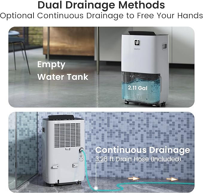 Yaufey 150 Pints Energy Star Dehumidifier for Home, Basement and Large Room up to 7000 Sq. Ft., with Drain Hose, Timer, Intelligent Humidity Control and Large Water Tank