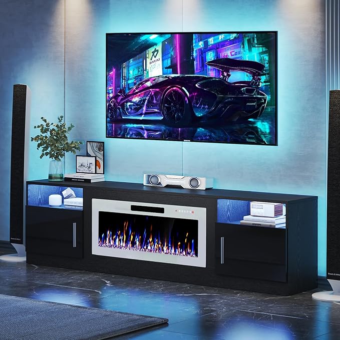 VITESSE TV Stand Fireplace with 36" inch Electric Fireplace Up to 90" TVs, LED Light Entertainment Center, 80" Modern Wood High Gloss with Highlight Storage Cabinet for Living Room (Black)