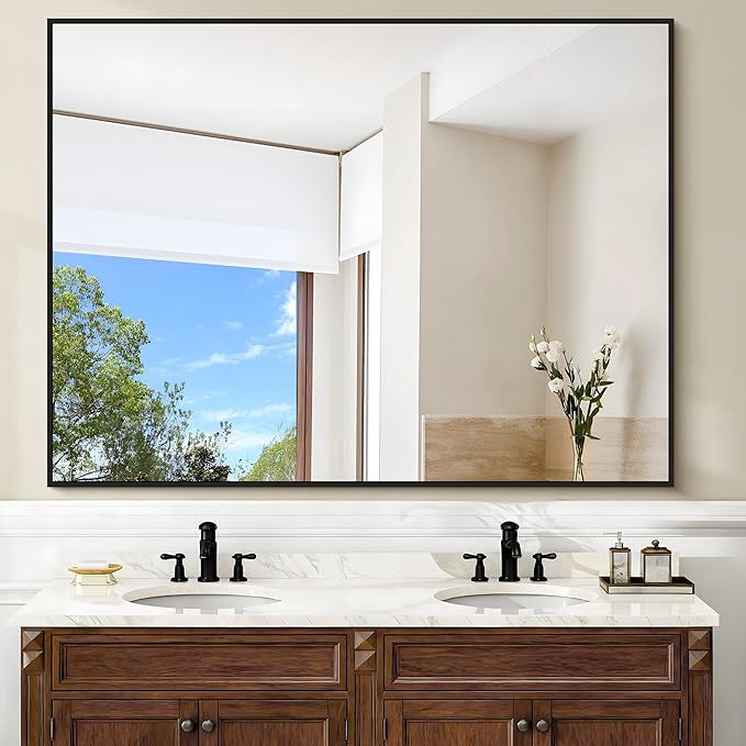 Black Bathroom Mirror, 48"X36" Rectangle Mirrors for Wall Metal Frame, Modern Vanity Wall Mirror for Bathroom Living Room, Entryway Hangs Horizontal or Vertical