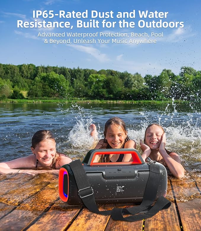 Portable Bluetooth Speaker Wireless,140W Peak Loud Sound with 2 Subwoofers and 2 Tweeters, Plus Bass Boost, IP65 Waterproof Outdoor Speaker, 24H Playtime, RGB Lights, TF/AUX/USB/Mic Input, Large Party