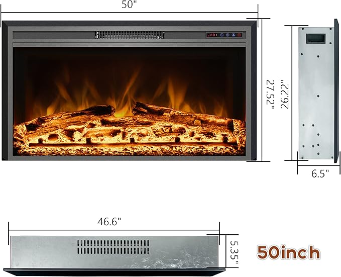 Electric Fireplace, 50" Electric Fireplace Inserts, Recessed Fireplace Heater with Remote Control, Adjustable Flame Colors, Timer&Overheating Protection, 750/1500W