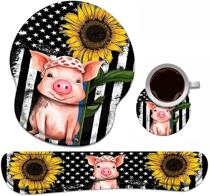 Keyboard Wrist Rest + Mouse Pad Wrist Support Set with Coasters, Non-Slip PU Base Ergonomic Mousepad for Home Office Working Studying Easy Typing & Pain Relief, American Flag Sunflower and Cute Pig
