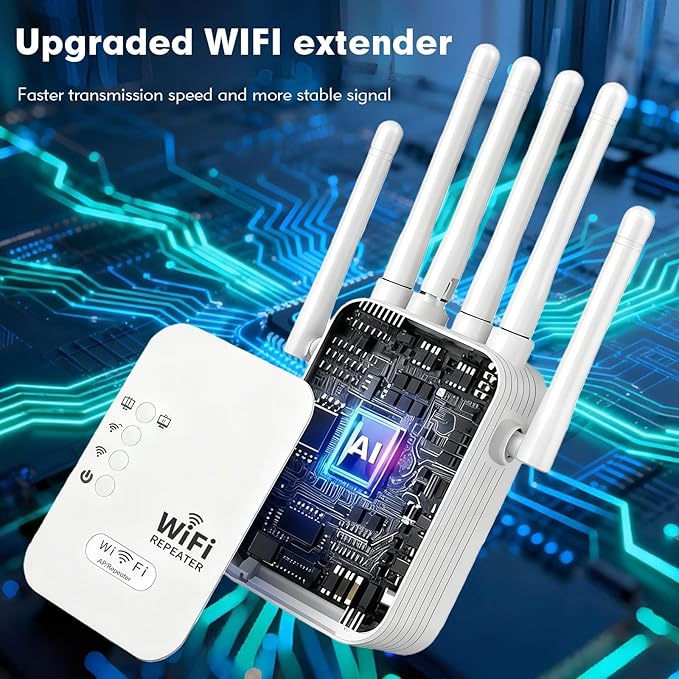 WiFi Repeater, WiFi Extender Signal Booster for Home, 9,880 sq ft Coverage, Repeater/AP Mode, 6 Antennas, WPA2, Ethernet Port, Supports 150+ Devices, White 1PCS