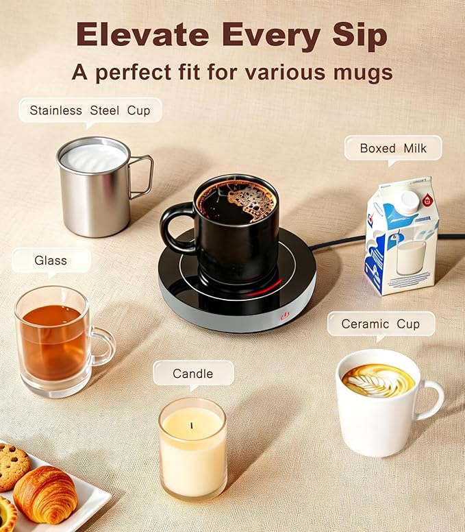 Kepwam Coffee Mug Warmer for Desk, 3-Temp Fast Heating Cup Warmer with 6H Auto Shut Off, LED Light & Smart Candle Warmer for All Beverages, Ideal Gifts for Women Men
