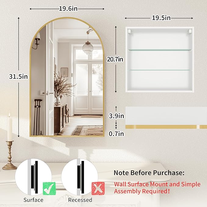 Gold Arched Medicine Cabinet with Mirror,20x32 Wall Mount Medicine Cabinet with Adjustable Glass Shelves,Surface Mount Only,No Recessed,Brushed Gold Medicine Cabinet with Mirror