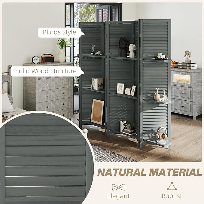 HOMCOM Room Divider, 5 Panel 67" Tall Wood Privacy Screen with 3 Display Shelves, and Folding Storage for Bedroom or Home Office, Gray