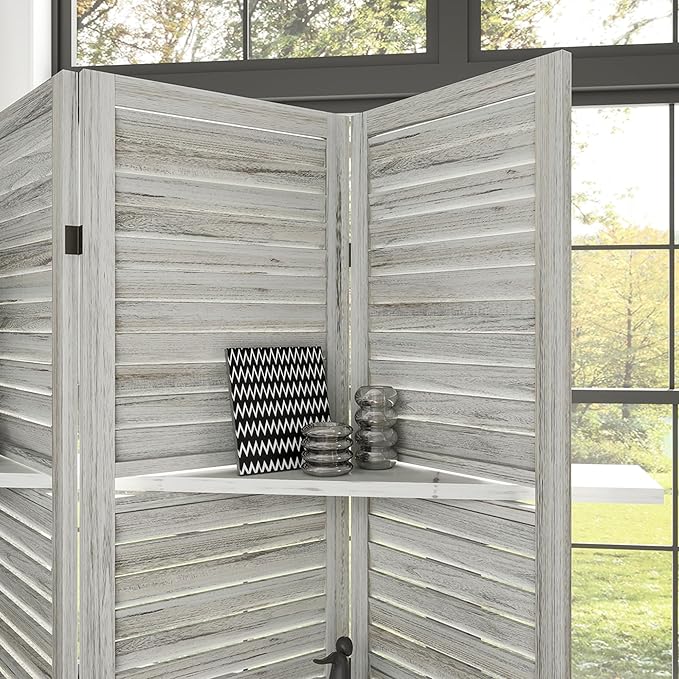 HOMCOM Room Divider, 4 Panel 67" Tall Wood Privacy Screen with 3 Display Shelves, and Folding Storage for Bedroom or Home Office, Distressed White