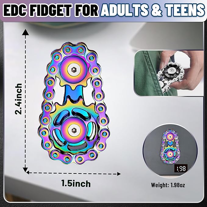 Valentines Day Gifts for Teens Boys Metal Fidget Spinner Toys for Adults Figette Bike Chain Roller Cool Gadgets ADHD Anxiety Stress Relief Items Figet Desk Offices EDC Men - Rainbow+Black