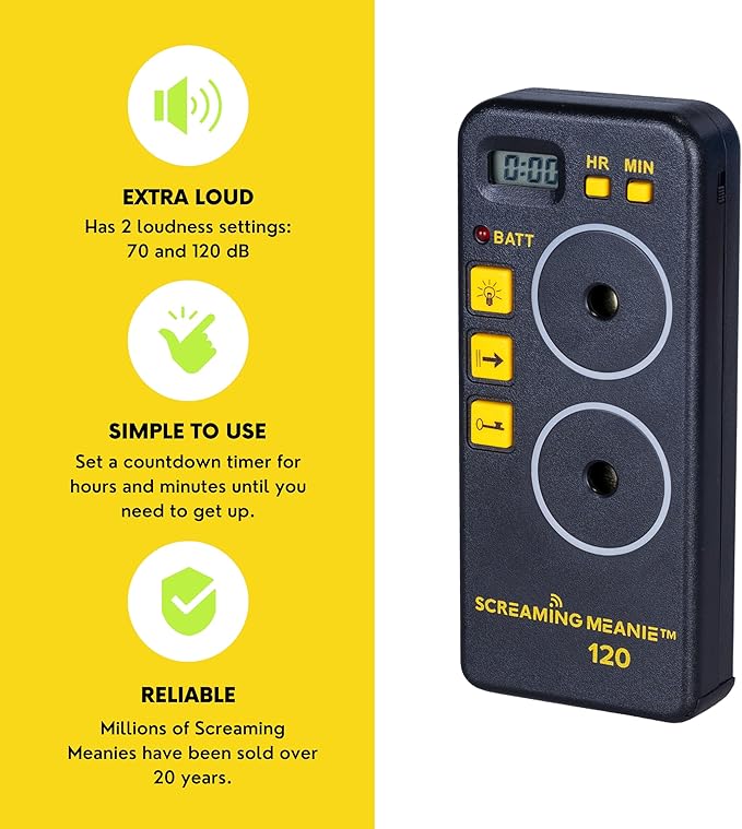 Screaming Meanie TZ-120 Extremely Loud Alarm Timer, Multi-Purpose Timer with 2 Sound Levels Perfect for Heavy Sleepers, Truckers, or Travelers (9v Battery Included) - Black