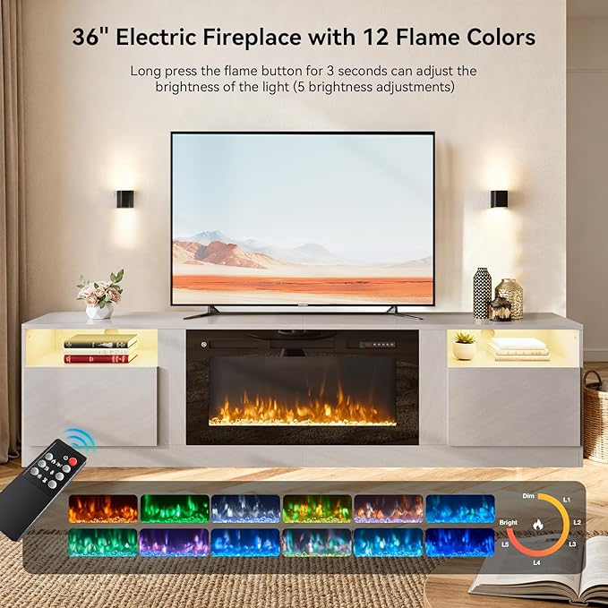 YISUFO 80” TV Stand with 36” Electric Fireplace, Large Modern Media Entertainment Center with Storage Cabinet and 12 Colors LED Lights for TVs Up to 90",Grey and Black
