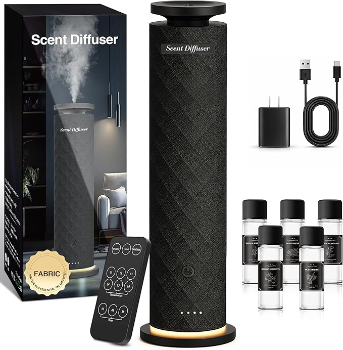 Waterless Scent Diffuser Starter Kit with 5 Oils, Luxury Hotel Style Cold Air Diffuser Oil Machine for Home, 1000 Sq Ft Coverage, Quiet Nebulizing Aromatherapy with Remote, Tower Fabric Design, Black