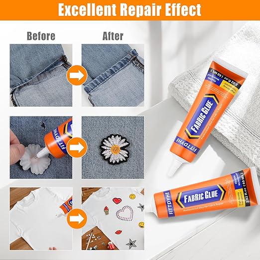 FITTDYHE Fabric Glue Permanent, 60 ML Washable Clear Clothing Glue, Super Fabric Adhesive for Rhinestones, Patches, Clothes, Denim, Leather, Polyester, Fabrics, Doll Repair, Flannel, Cotton