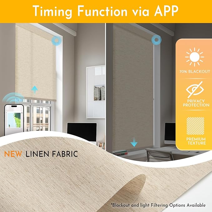 Persilux Smart Motorized Blinds with Remote, No Drill Automatic Roller Shades for Indoor Windows, Light Filtering Linen Fabric, Electric Blinds for Windows, Linen Beige C156-2, Custom Size
