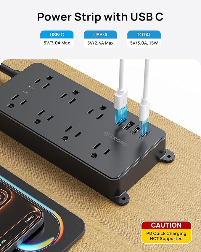 TROND 360° Rotating Plug Power Strip, ETL Listed, Flat Plug 10ft Extension Cord, 2 USB-A and 2 USB-C, Wall Mountable, 7 Widely-Spaced Outlets, 1700J Surge Protector, for Home Office, Black