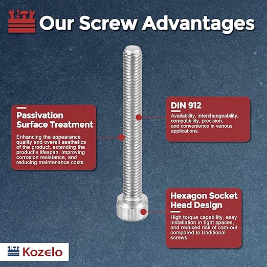 Kozelo 5pcs Socket Head Cap Screws - [M8-1.25 x 65mm] 304 Stainless Steel Allen Socket Drive for Electrical Motor 3D Printing Fan Engine Replacement Use, Silver
