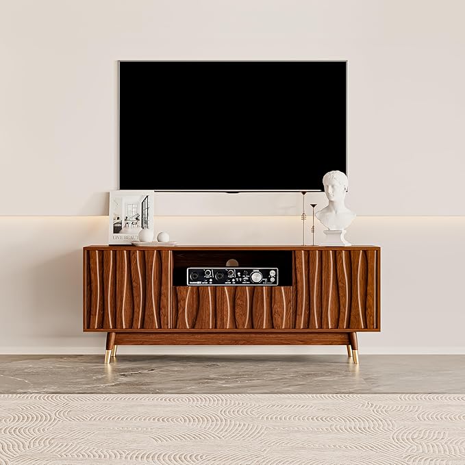 ATJafurn 55‘’ Brown Walnut Finish TV Stand for 32/43/55 Inch TVs, Mid Century Modern Wood Media Console Entertainment Center with Drawer and 2 Cabinets for Living Room Bedroom