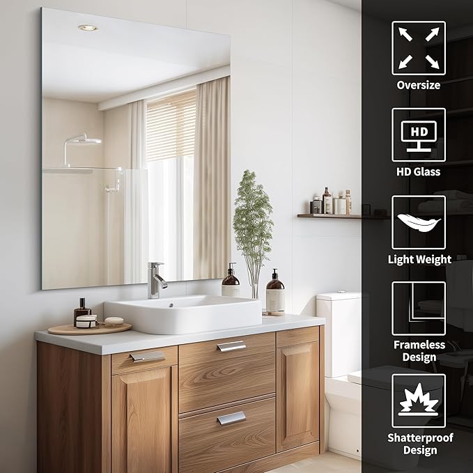CILIBER Frameless Rectangle Mirror, 36x48 Inch Large Bathroom Mirrors for Wall Over Sink, Upgraded Shatterproof Vanity Mirror with Polished Edge for Bathroom,Bedroom,Living Room and Entryway
