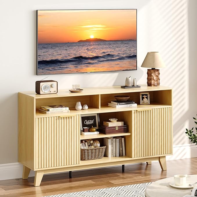 VINGLI Boho Fluted TV Stand for 70" TV, Solid Wood Entertainment Center with Storage and Shelves, Tall Media Console with Cable Management, TV Cabinet for Living Room and Bedroom, Oak