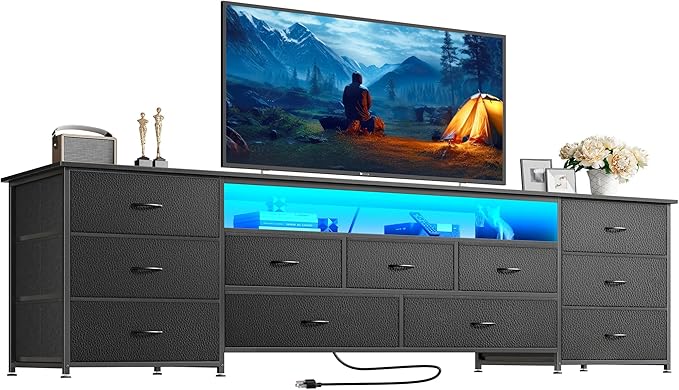 Huuger 78.7 Inch TV Stand for 75, 80 Inch TV, 11 Drawer Long Dresser with Power Outlets and LED Lights, Entertainment Center with Storage, Black Dresser with PU Leather Surface