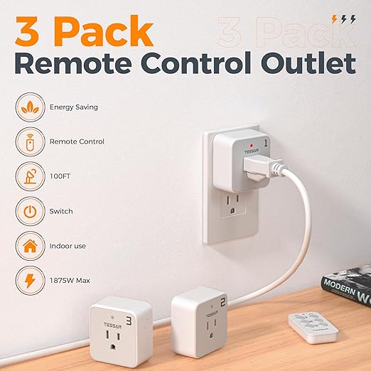 Remote Control Outlet Plug, TESSAN Wireless Light Switch Kit Indoor for String Lights, Lamps, Home Small Appliances, Wireless Power Socket 100ft RF Range, 15A/1875W (1 Remote and 3 Outlets)