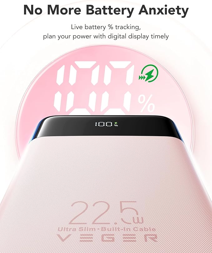 VEGER Portable Charger with Built in Cable, 10000mAh 22.5W Fast Charging USB C Battery Pack, 4 Outputs 3 Inputs Power Bank for iPhone 16/15/14/13 Series, iPad, Samsung, Android, Tablet, Pink(1 Pack)