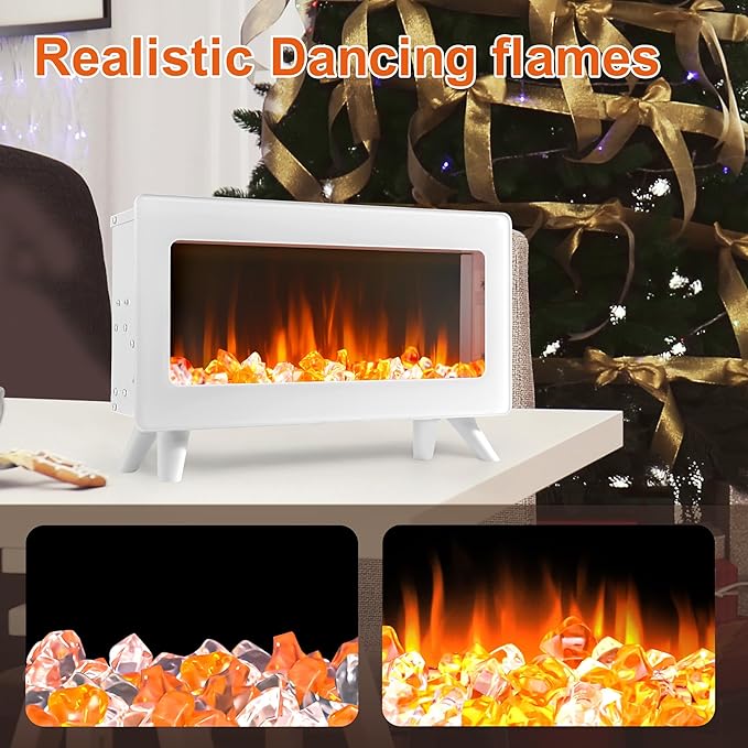 FLAME&SHADE 16 in Small Electric Fireplace Heater - Desk Space Heater with Realistic LED 3D Flames, Freestanding Fire Places Stove, 750 | 1500w, Overheating Protection (White)