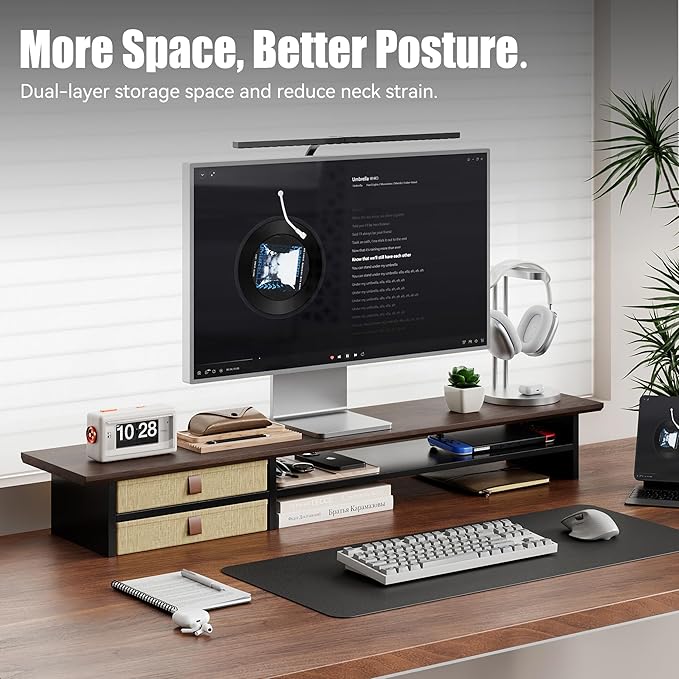 FENSULN Dual‑Tier Monitor Stand Riser with Drawers, Desktop Organizer Shelf Storage for Computer Screen 2 Monitors, Supports for PC Computer Monitor, Printer, Heavy TV Riser Brown and Black