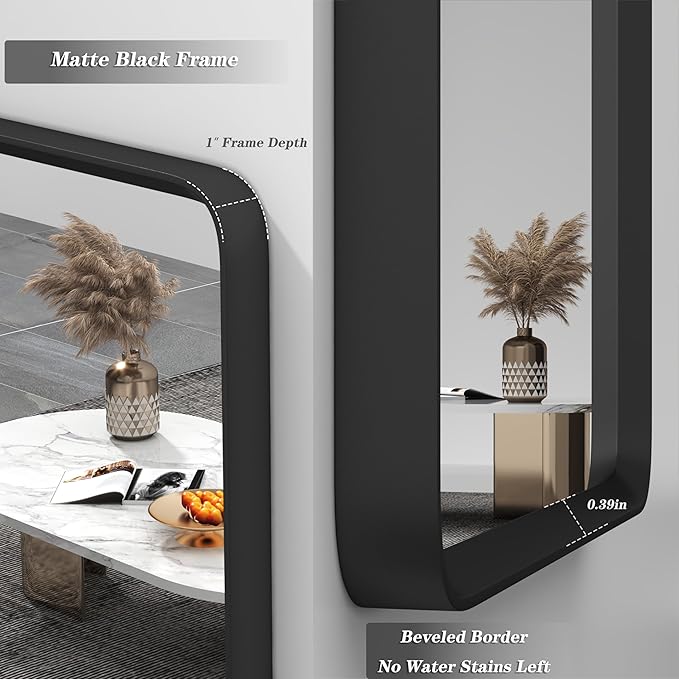 60x28 Black Matte Bathroom Mirror, Large Matte Black Bathroom Vanity Mirror for Wall, Rounded Rectangle Mirror, Anti-Rust, Shatterproof (Horizontal/Vertical)