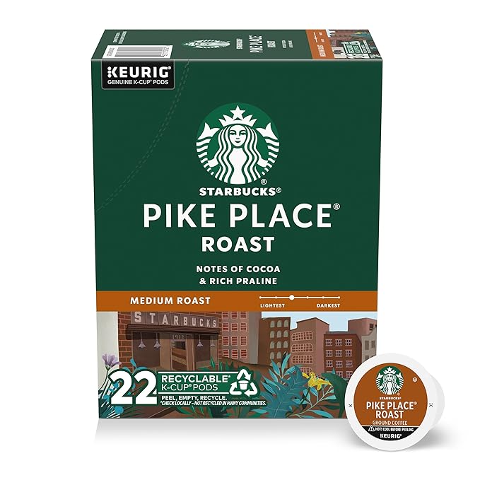 Starbucks K-Cup Coffee Pods, Medium Roast Hot or Iced Coffee, Pike Place Roast, 22 Keurig Pods