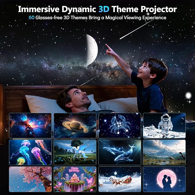 Rossetta 3D Projector, 60 Themes HD 3D Galaxy Projector with Bluetooth Speaker & Remote, 1H/2H Timer, Night Light for Bedroom, Home Decor, Party, Valentines Day, Gifts for Adults, Girls, Boys