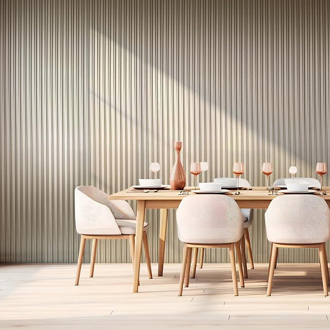 Art3dwallpanels Slat Wall Paneling, 104'' x 6.3'' Glossy Metal Finish WPC Soundproof 3D Wall Panels for Interior Wall Decor, 8 Pack Wavy Grain Panel Wall Slats, Champagne Silver