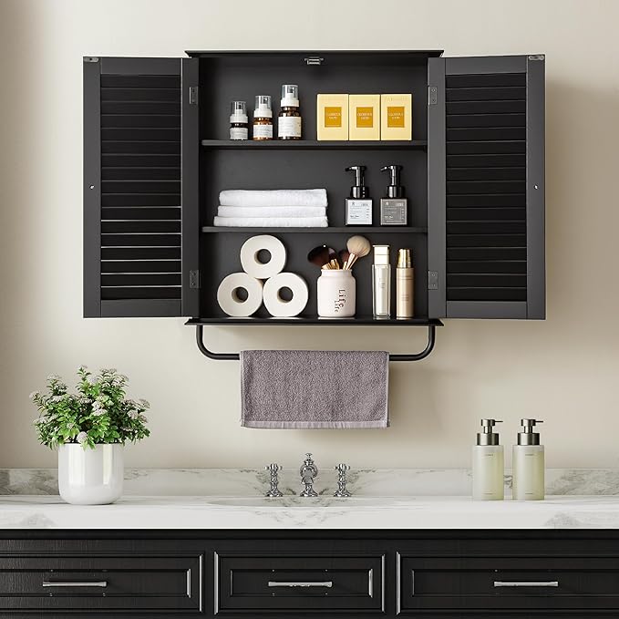 Bathroom Storage Cabinet with Adjustable Wood Shelves & Doors, Made of PDF Wood, Medicine Cabinet, Over The Toilet Storage Cabinet for Kitchen & Laundry Room Medicine Cabinet Black