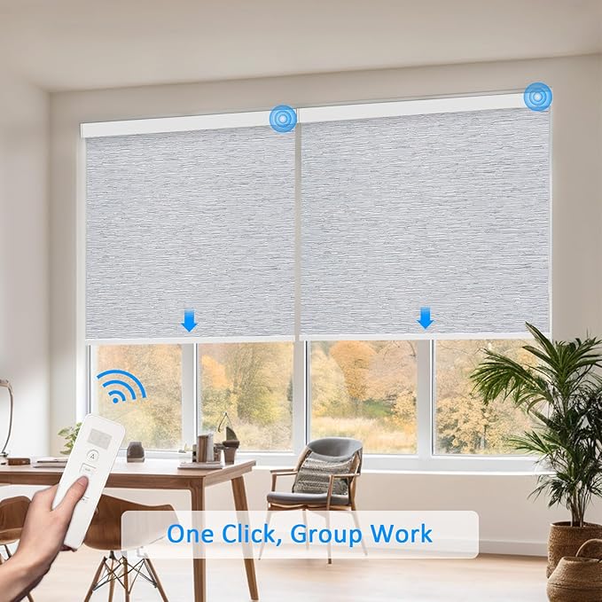 COOLWINDS Motorized Blinds with Remote Cordless Automatic Motorized Shades Custom Blinds for Windows Smart Curtains Compatible with Alexa Google Home(Blackout Jacquard Grey,W29 x H72in)
