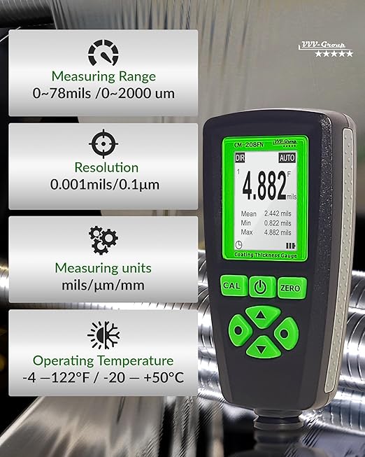 Digital Coating Thickness Gauge CM-208FN / Automatic Thickness Paint Meter for Steel and Aluminum with Resolution 0.001mils /0.1um (Fe/Al)