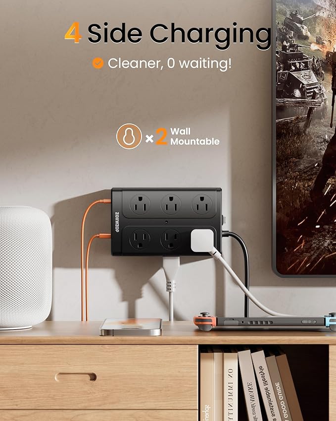 Zoxwzop Surge Protector Power Strip – 10FT Extension Cord with 12-Outlet 4 USB-A & 2 USB-C Ports, 1850W/15A, Flat Plug, Wall Mountable – ETL Listed for Home, Dorm Room
