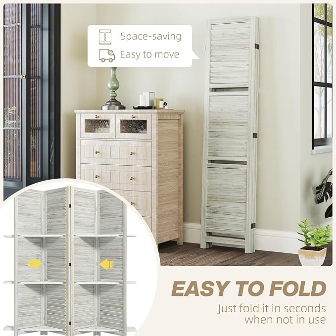 HOMCOM Room Divider, 4 Panel 67" Tall Wood Privacy Screen with 3 Display Shelves, and Folding Storage for Bedroom or Home Office, Distressed White