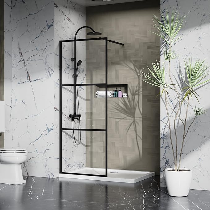 Goodyo Fixed Shower Door 34" X 72" Clear Tempered Glass Shower Screen Panel for Walk-in Bathroom, Black Framed 3 Pieces Shower Glass