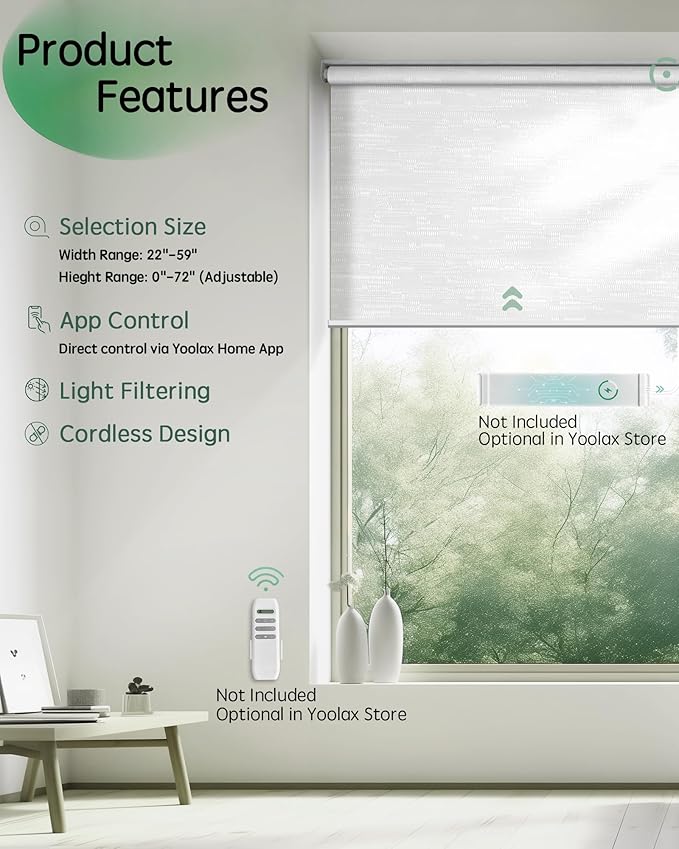 Yoolax Motorized Blinds App Control, Light Filtering Motorized Shades for Windows, Cordless Automatic Roller Shades for Bedroom Living Room Office(Light Filtering Jacquard White, 50" W x 72" H)