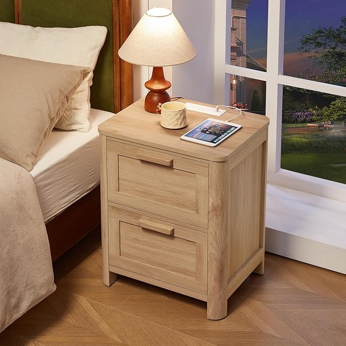 Joaxswe Farmhouse Nightstand with Charging Station, End Tables Bedroom with 2 Large Drawers & 4 Thickened Table Legs, Natural Wood
