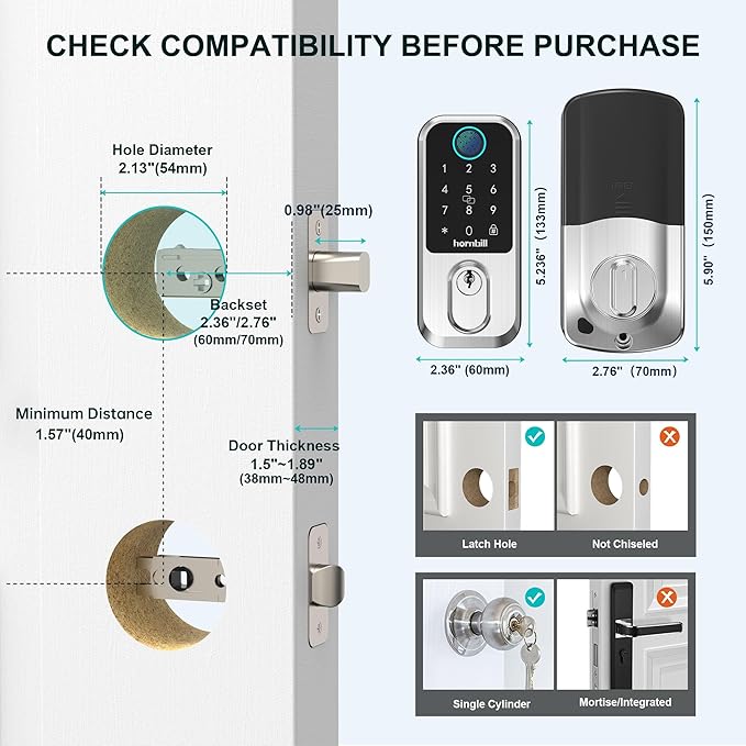 Hornbill WiFi Smart Lock Deadbolt, Keyless Entry Front Door Lock, Fingerprint Electronic Deadbolt Compatible with Alexa, Touchscreen Keypad Code Unlock for Home Office Hotel