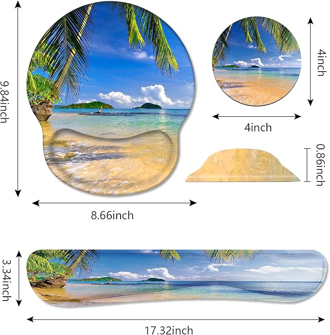 Keyboard Wrist Rest and Mouse Pad Wrist Support Set with Coasters, Non-Slip PU Base Ergonomic Gaming Mousepad for Home Office Working Studying Easy Typing & Pain Relief, Shore Palms Tropical Beach