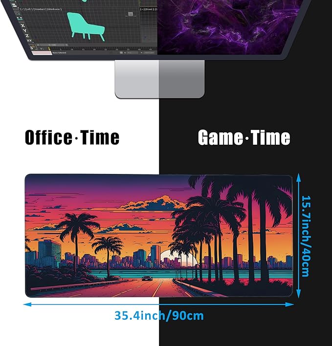 EOBKLAX Mouse Pad,Orange Purple Miami Landscape Desk Mat for Desktop,Desk Pad with Non-Slip Base and Stitched Edge,Extended Mousepad for Office and Home 35.4X15.7 Inch