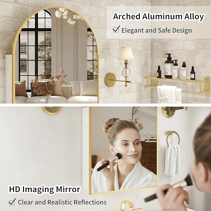 Gold Medicine Cabinet with Mirror,Bathroom Arched Medicine Cabinet Wall Mounted,Modern Vanity Mirror with Storage,Bathroom Storage Cabinet with Adjustable Shelves,Not Recessed,24x36 Inch