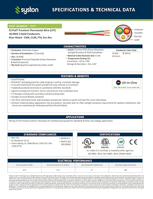 Syston 18/3 Thermostat Doorbell HVAC Heating Control Cable Wire, 100% Solid Copper Conductors CL3R/FT4/CMR Riser-Rated UL/ETL Listed, UV Resistant RoHS for Indoor/Outdoor Low Voltage Applications Use