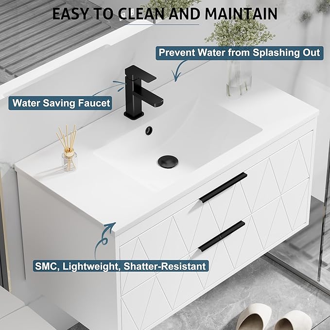 eclife 36" Bathroom Vanities Cabinet with Sink Combo, Wall Mounted Floating Cabinet W/Decor Line, Soft-Close System, 2 Extra Big Drawers, Matte Black Faucet, White