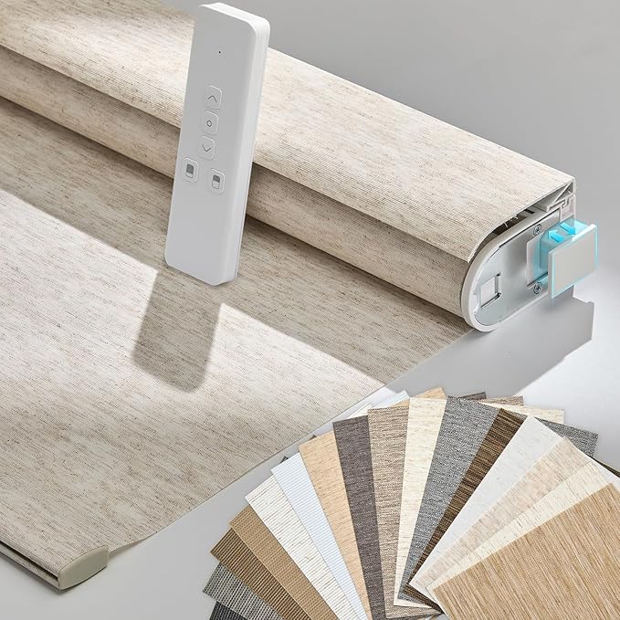 Persilux Smart Motorized Blinds with Remote, No Drill Automatic Roller Shades for Indoor Windows, Light Filtering Linen Fabric, Electric Blinds for Windows, Texture Beige 1702, Custom Size