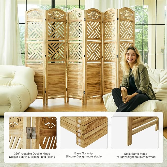 Svimi Room Divider with Shelves, 68.9inch Wood Carved and Louvered Wall Divider Freestanding, 6 Panels Folding Partition Screen for Bedroom Home Office (Natural)